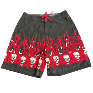 Sideout Board Shorts Men 38 Black Red New Flames Skulls Y2K Surf Swim Trunks